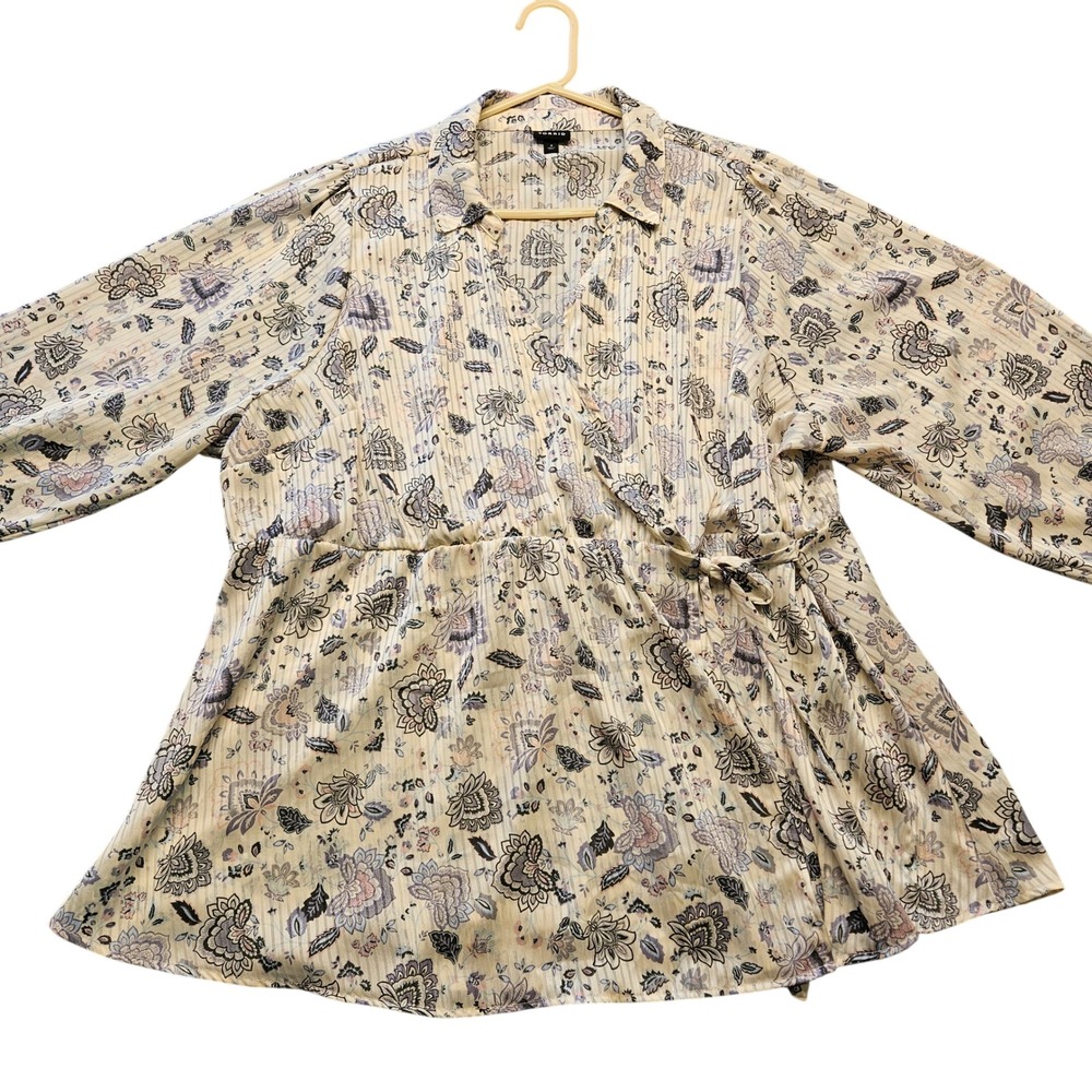 Torrid Floral Wrap Blouse Plus Size 4 Cream Purple Paisley Metallic Stripe Top